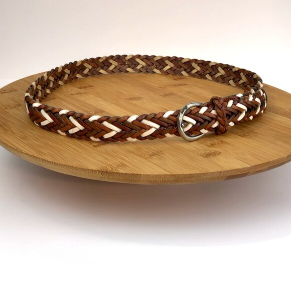 Vintage 1980's Copper Key Braided Leather Belt Size M/28 Tan Brown White Boho - Picture 9 of 14